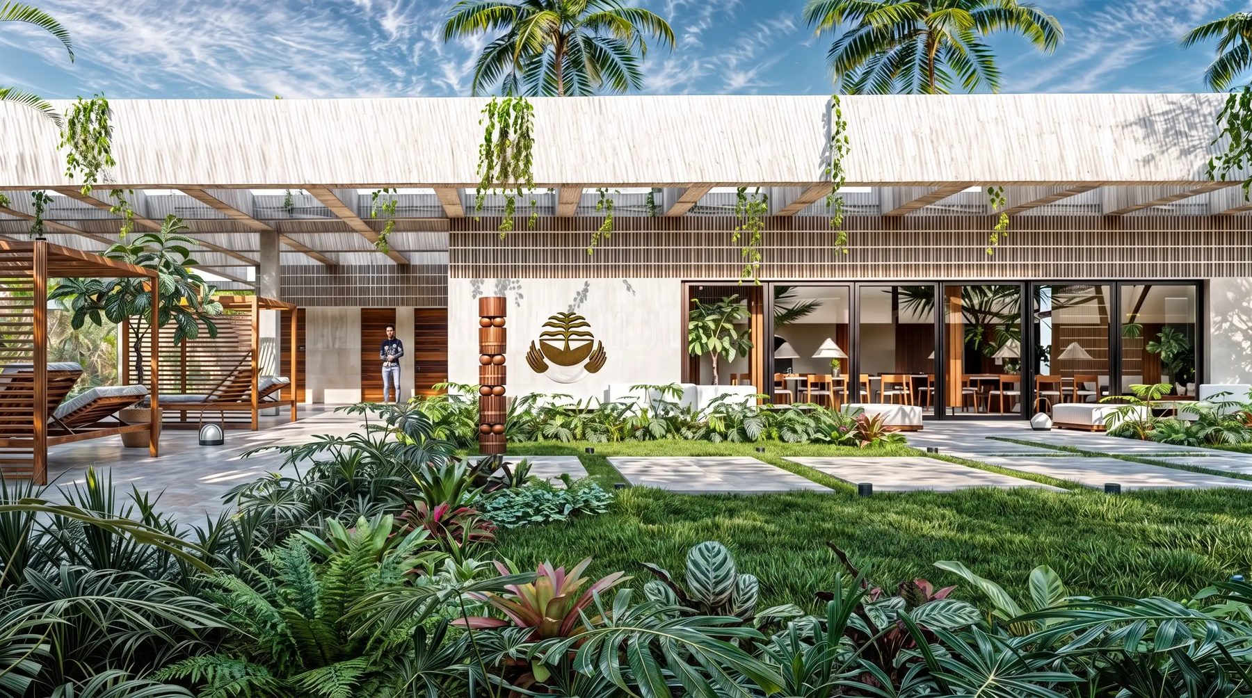 3D-Außenvisualisierung Casa Club, Gartenbereich bei Nacht